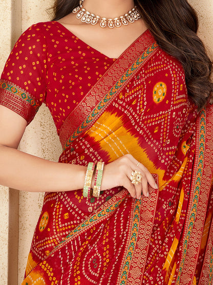 Red Bandhani Chiffon Embellished Saree