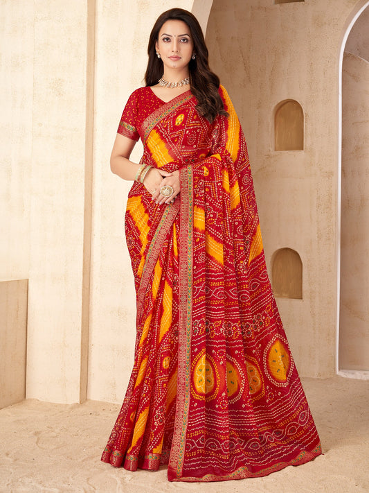 Red Red Bandhani Chiffon Embellished Saree
