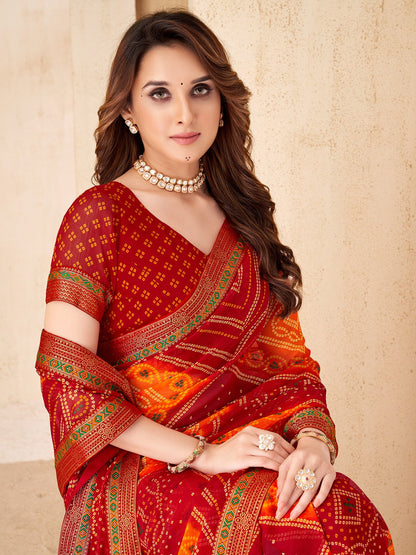 Red Bandhani Chiffon Embellished Saree
