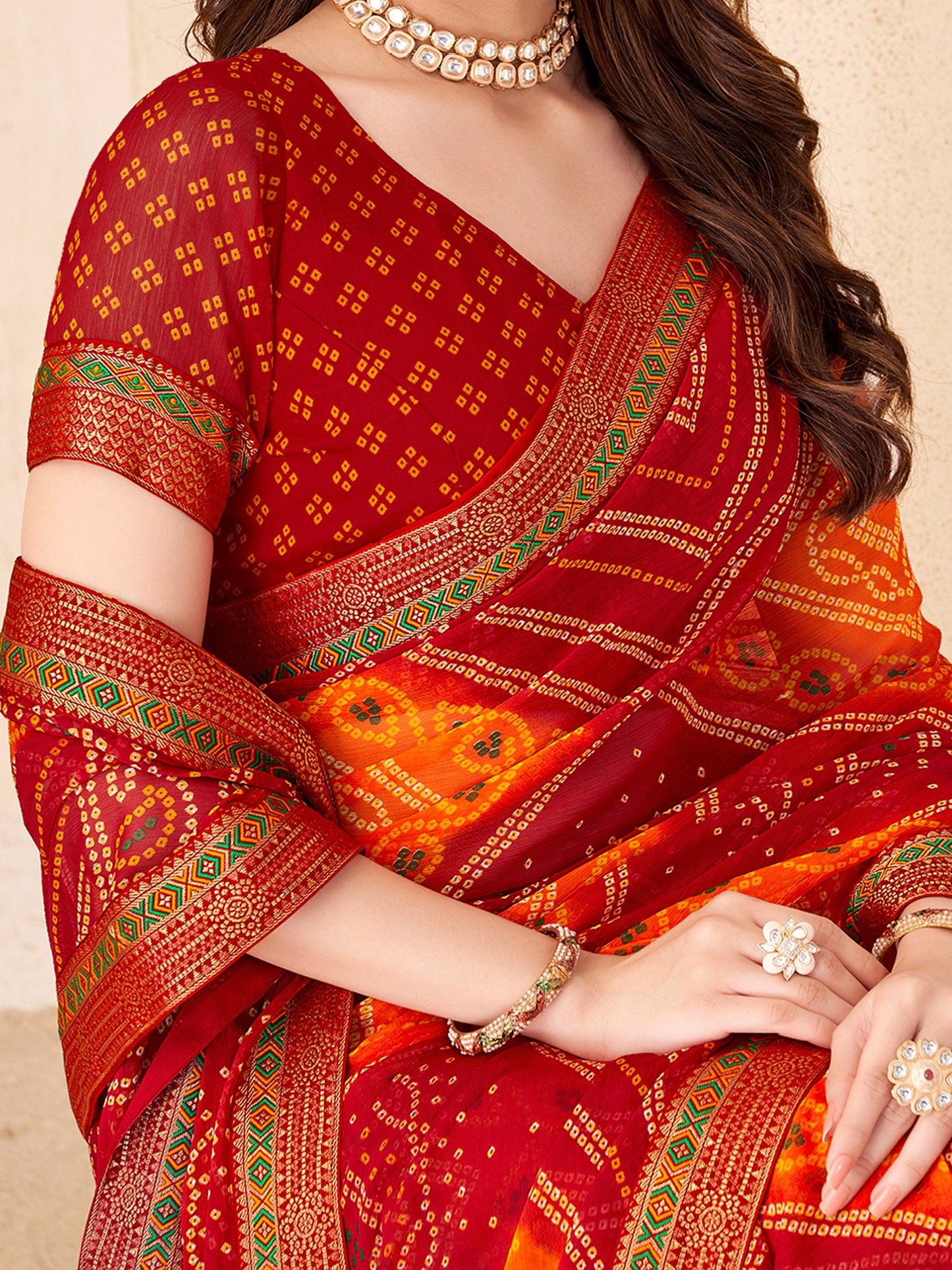 Red Bandhani Chiffon Embellished Saree