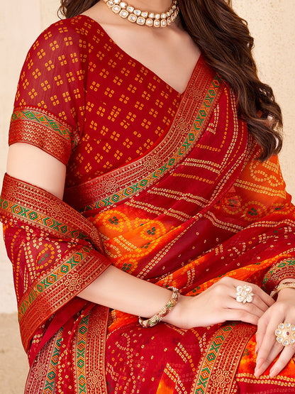 Red Bandhani Chiffon Embellished Saree