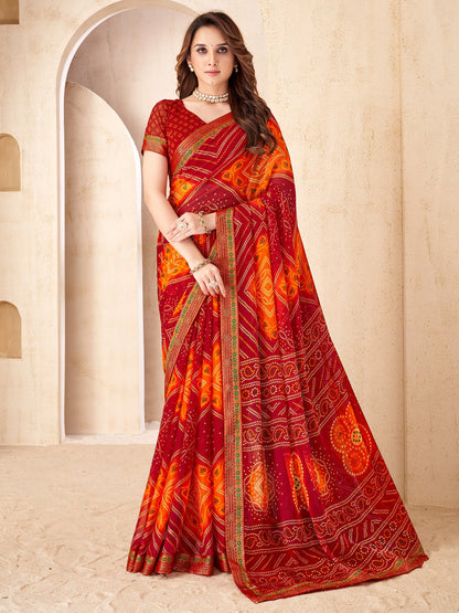 Red Red Bandhani Chiffon Embellished Saree