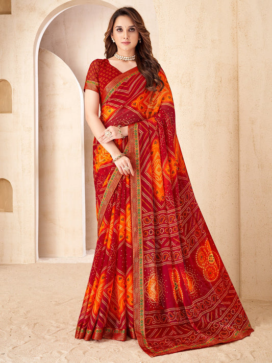 Red Red Bandhani Chiffon Embellished Saree