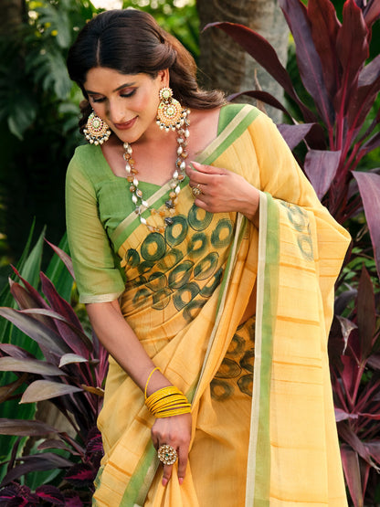 Yellow Taant Cotton Blend Printed Saree