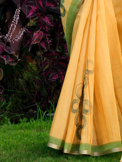 Yellow Taant Cotton Blend Printed Saree
