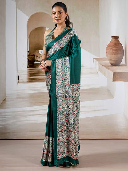 Teal Block Print Satin Printed Saree