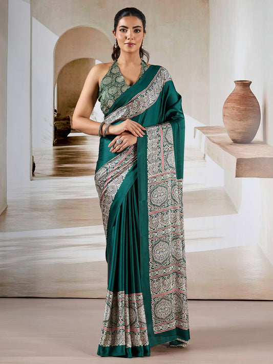 Green Teal Block Print Satin Printed Saree