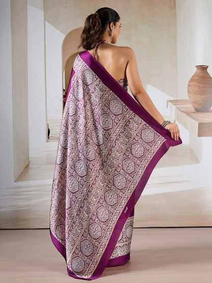 Purple Block Print Satin Printed Saree
