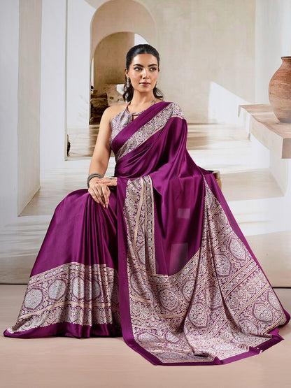 Purple Block Print Satin Printed Saree