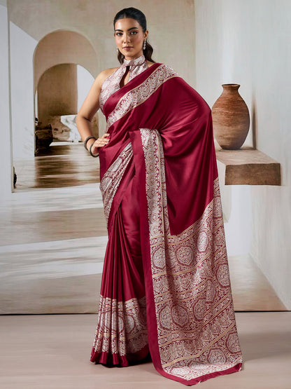 Maroon Block Print Satin Printed Saree