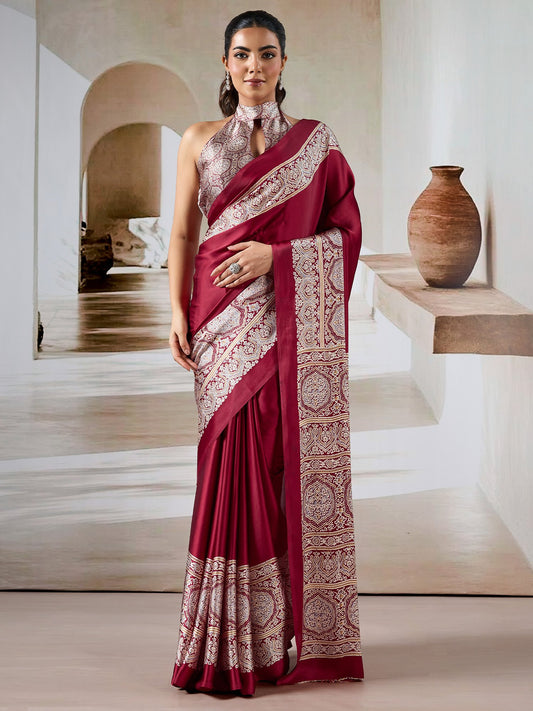 Maroon Maroon Block Print Satin Printed Saree