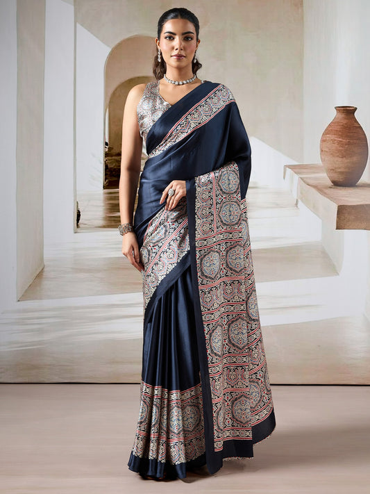 Black Black Block Print Satin Printed Saree