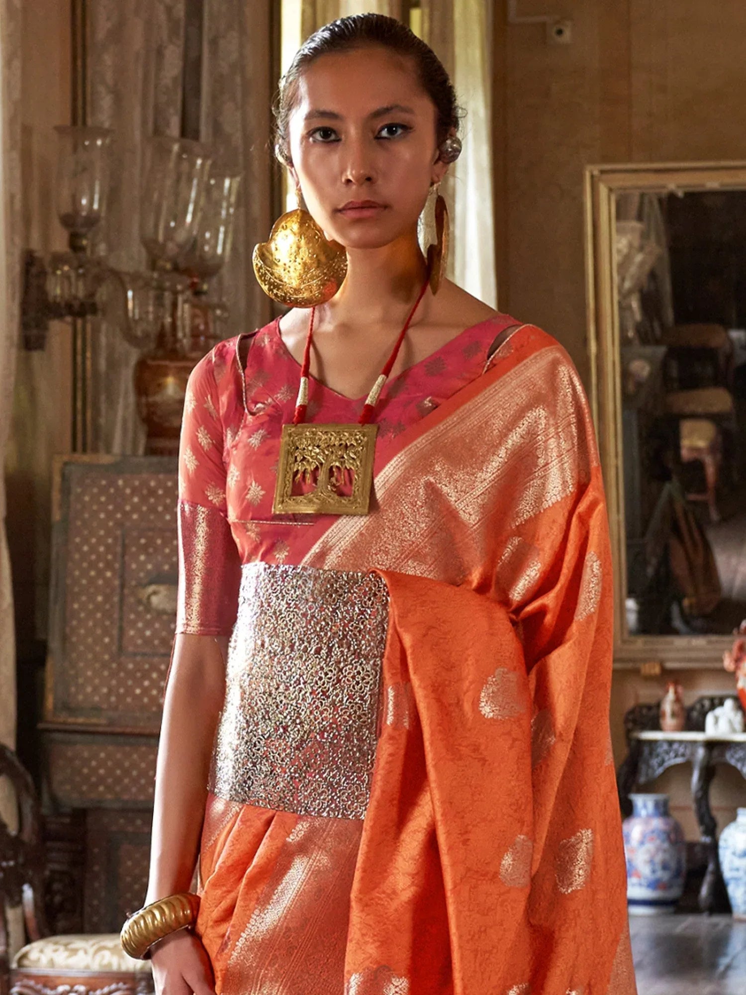 Orange Banarasi Silk Blend Woven Saree