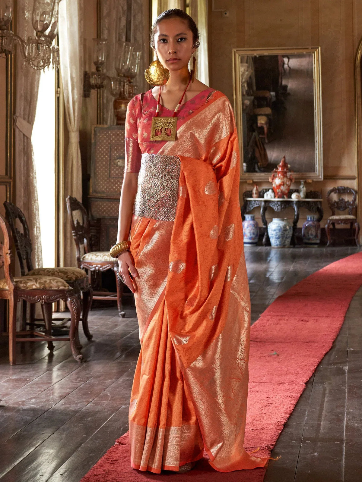 Orange Orange Banarasi Silk Blend Woven Saree