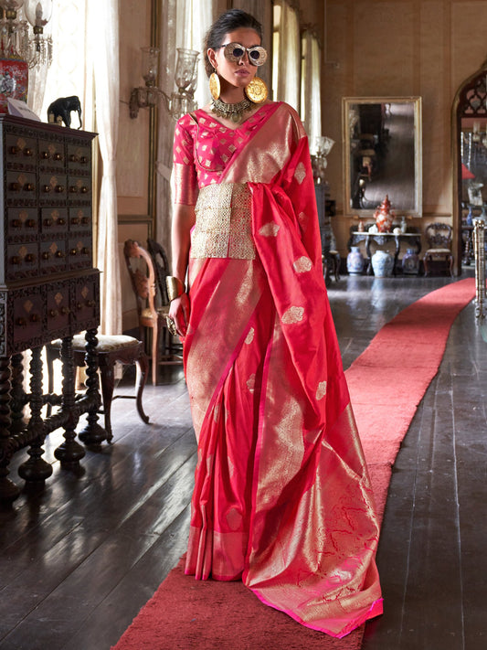 Pink Pink Banarasi Silk Blend Woven Saree
