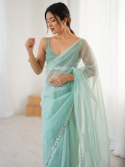 Turquoise Party Wear Net Embellished Saree