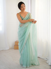 Blue Turquoise Party Wear Net Embellished Saree