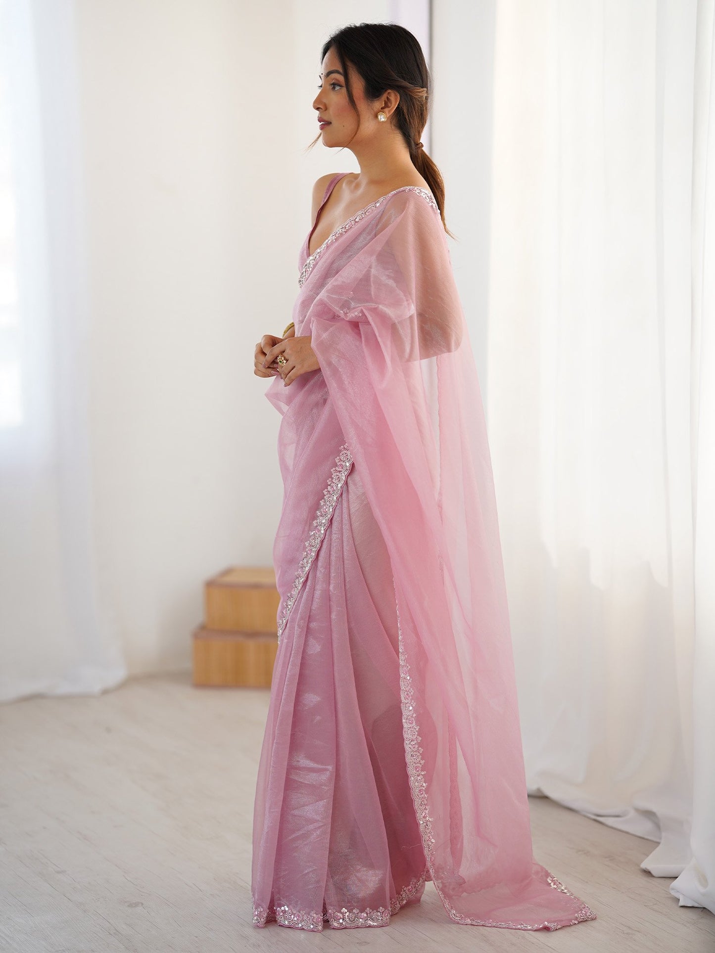 Pink Party Wear Net Embellished Saree