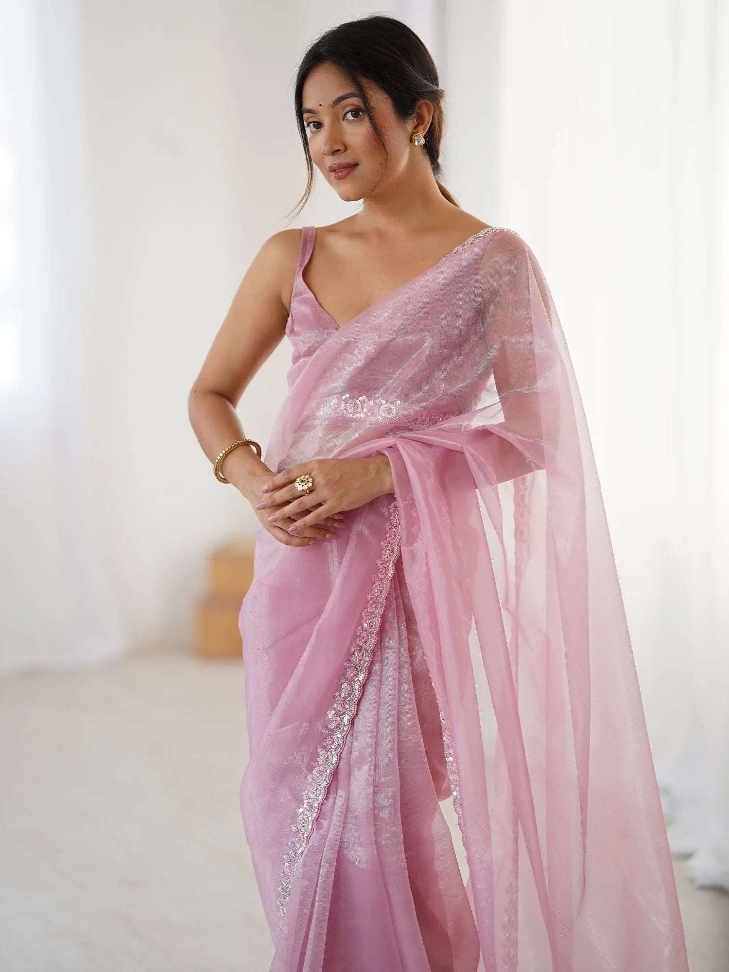 Pink Party Wear Net Embellished Saree