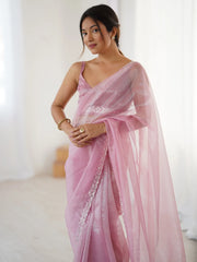Pink Party Wear Net Embellished Saree