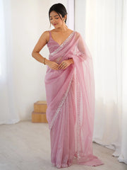 Pink Pink Party Wear Net Embellished Saree