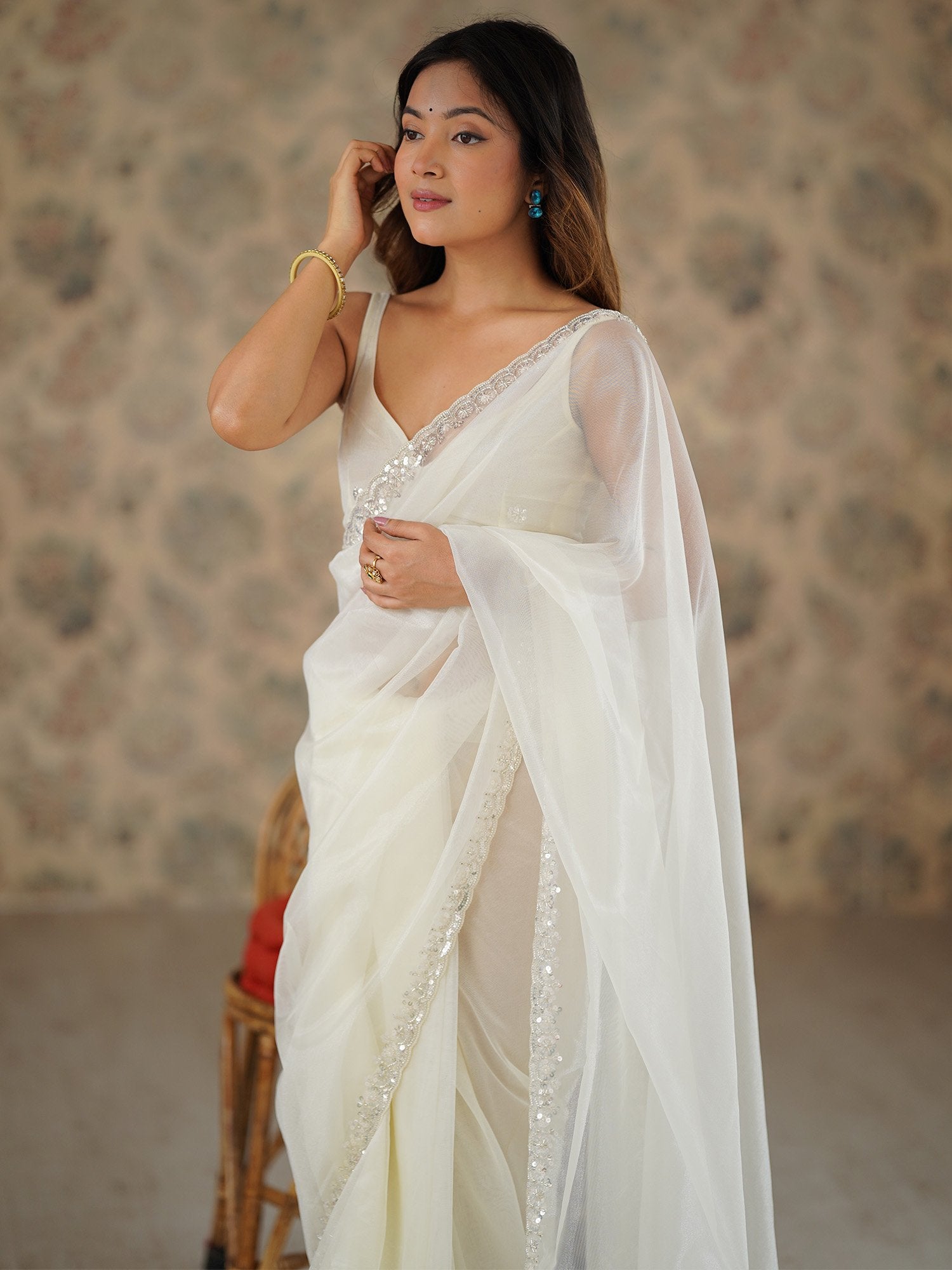 Off White Party Wear Net Embellished Saree