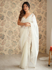 White Off Party Wear Net Embellished Saree