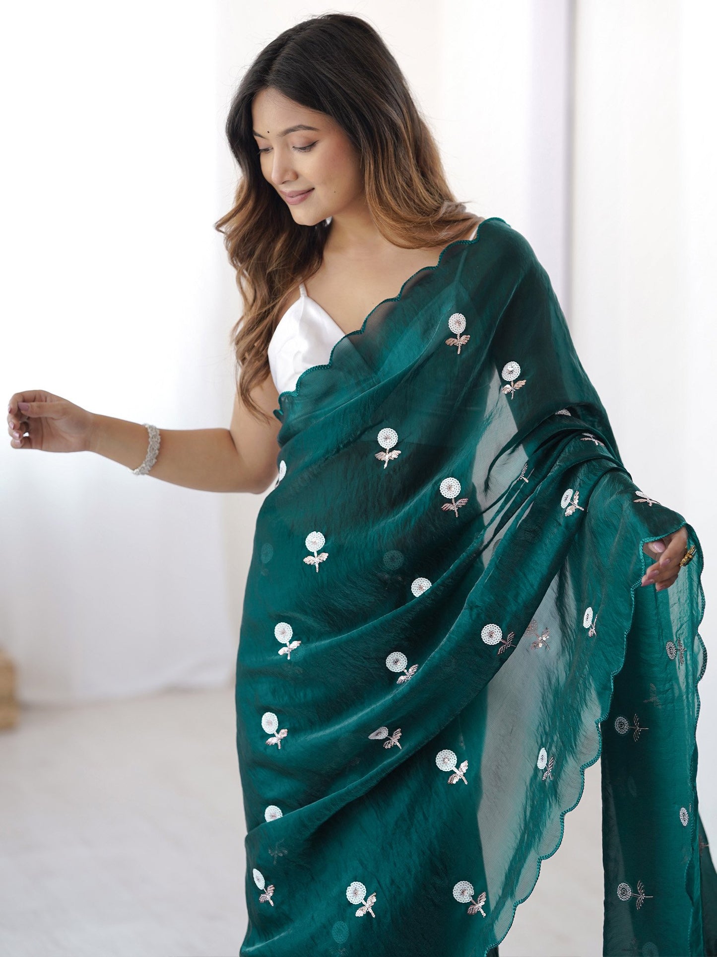 Teal Party Wear Tissue Embellished Saree