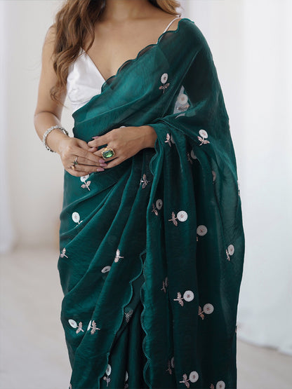 Teal Party Wear Tissue Embellished Saree