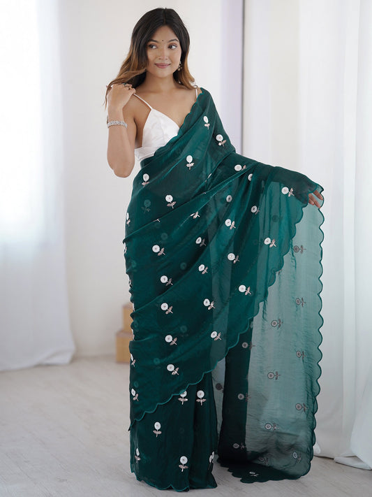 Blue Teal Party Wear Tissue Embellished Saree