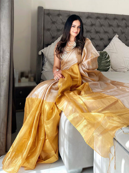 Beige Kasavu Tissue  Solid Saree