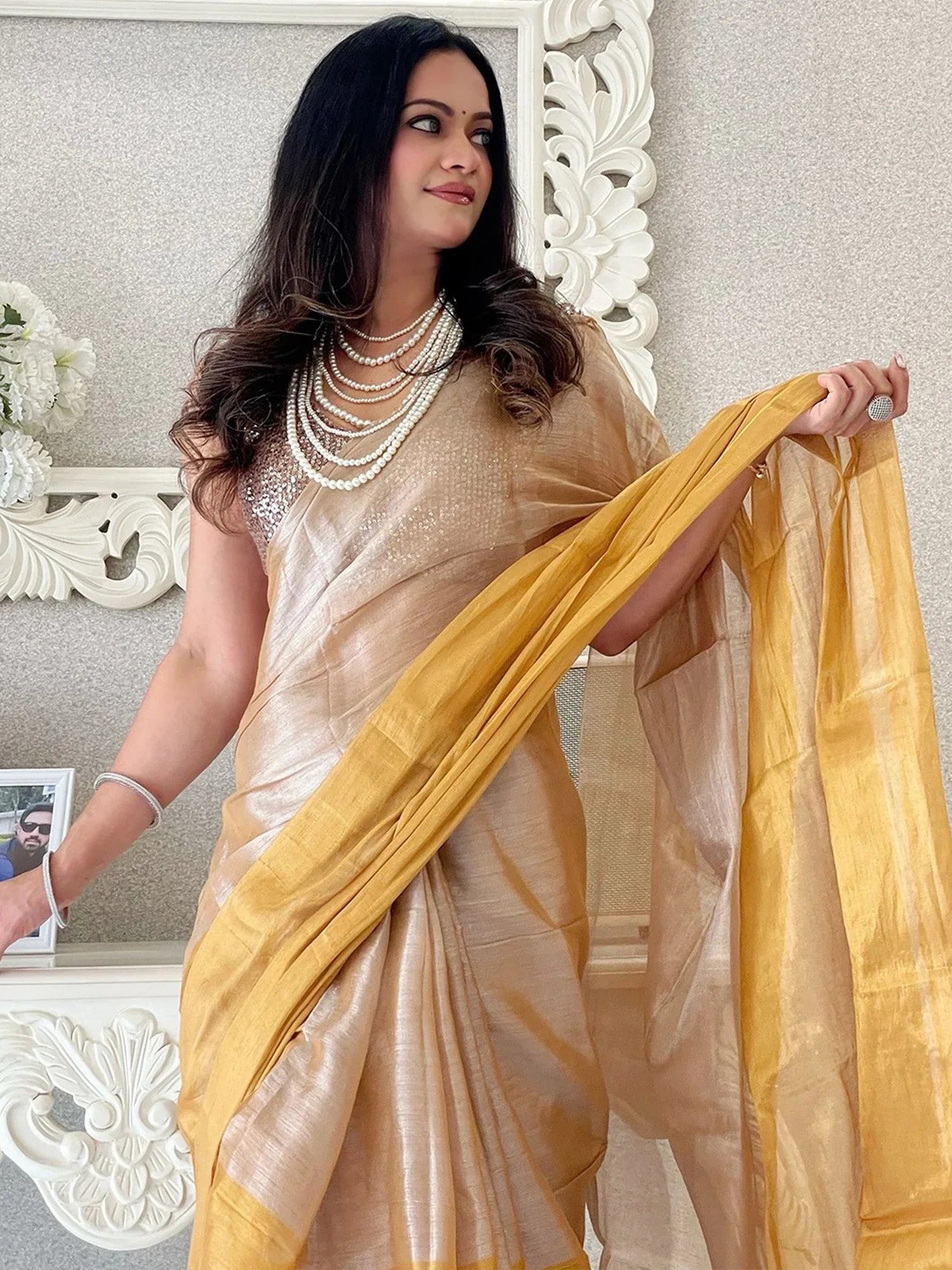 Beige Kasavu Tissue  Solid Saree