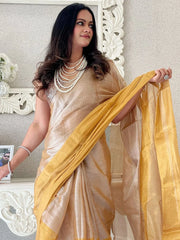 Beige Kasavu Tissue  Solid Saree