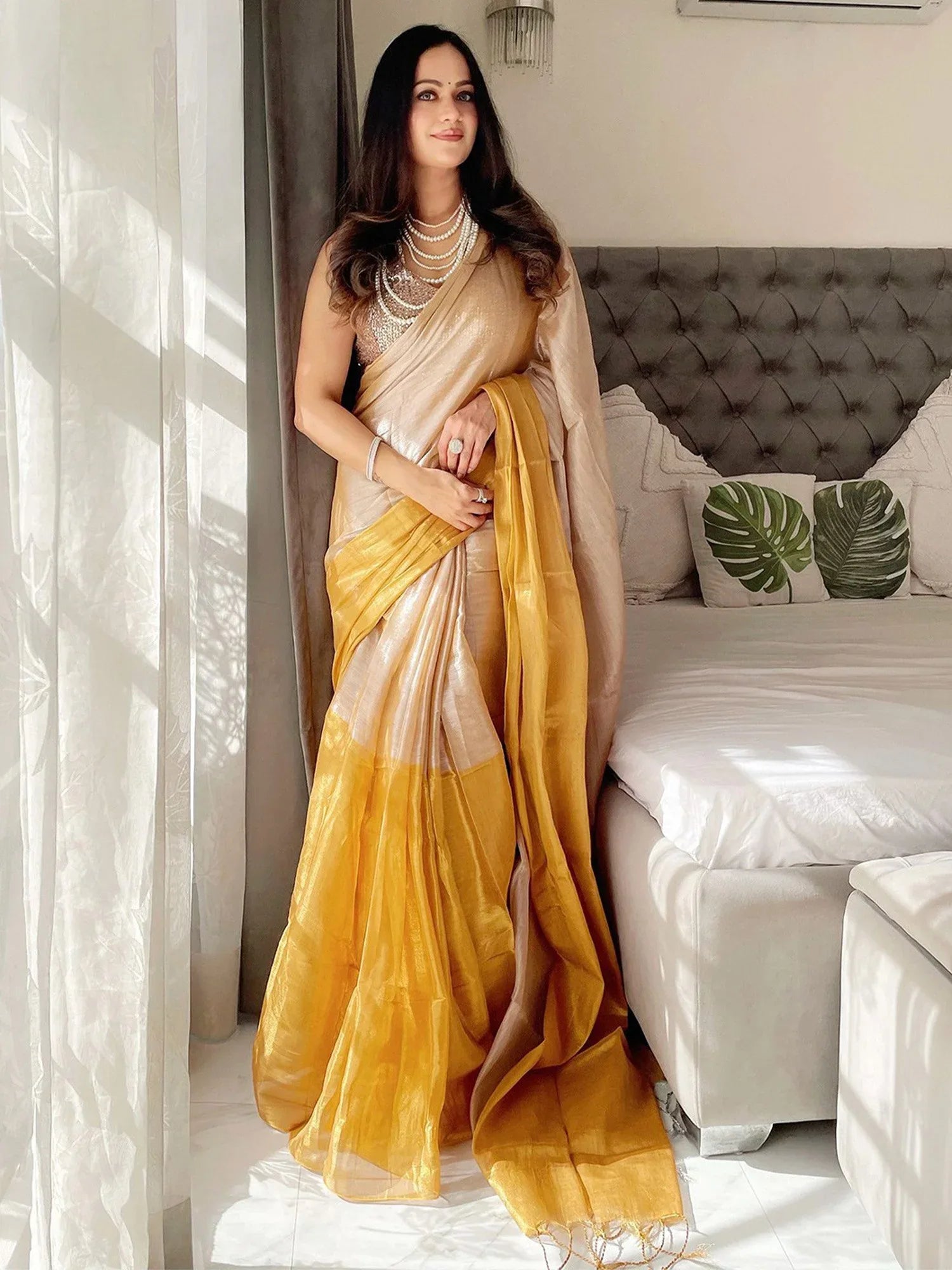 Golden Beige Kasavu Tissue  Solid Saree