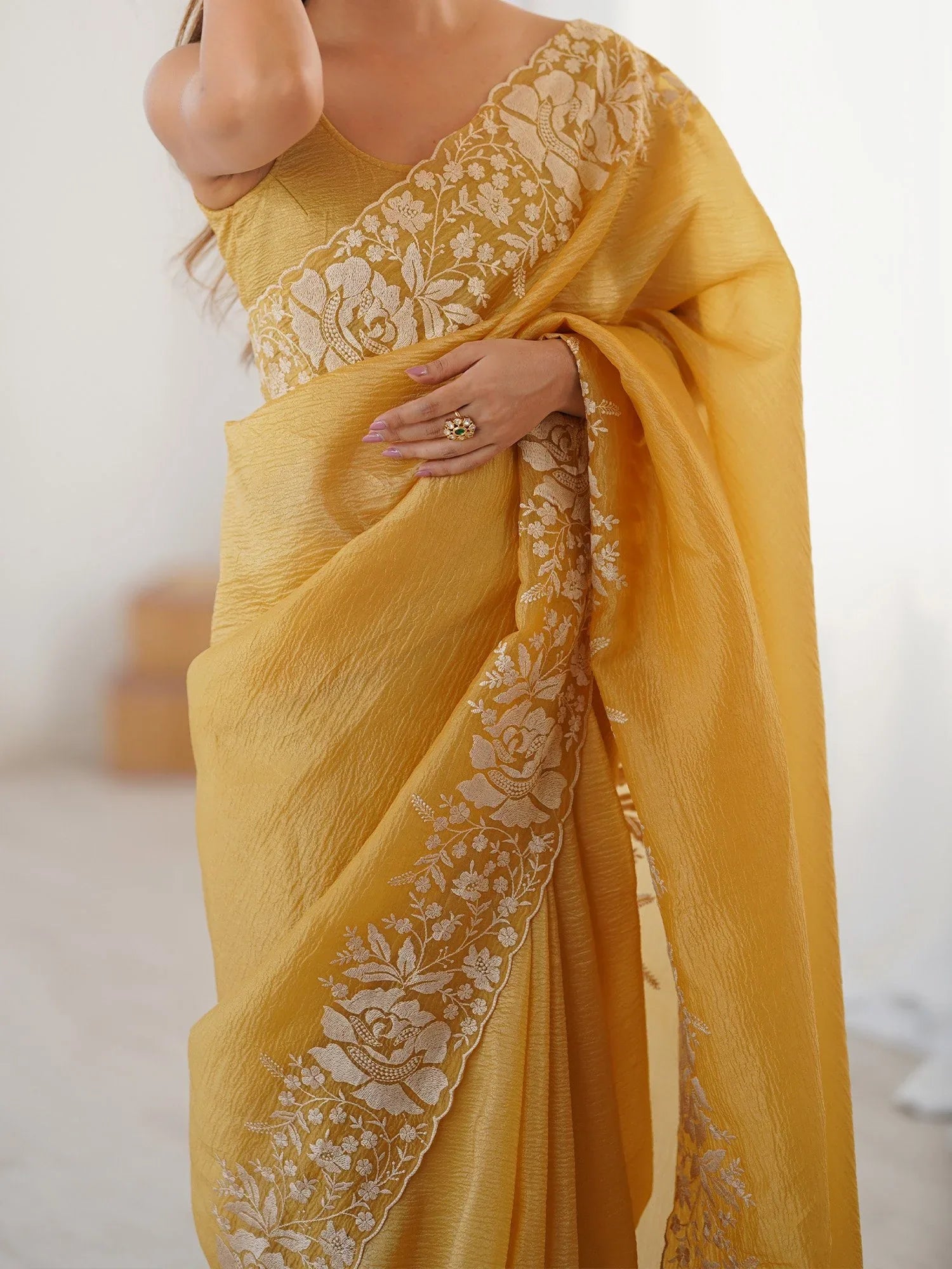 Mustard Party Wear Tissue Embroidered Saree
