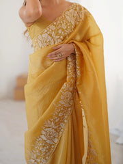 Mustard Party Wear Tissue Embroidered Saree