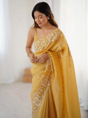 Mustard Party Wear Tissue Embroidered Saree