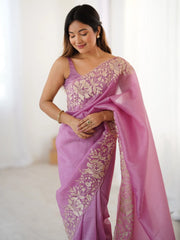 Purple Party Wear Tissue Embroidered Saree