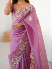 Purple Party Wear Tissue Embroidered Saree