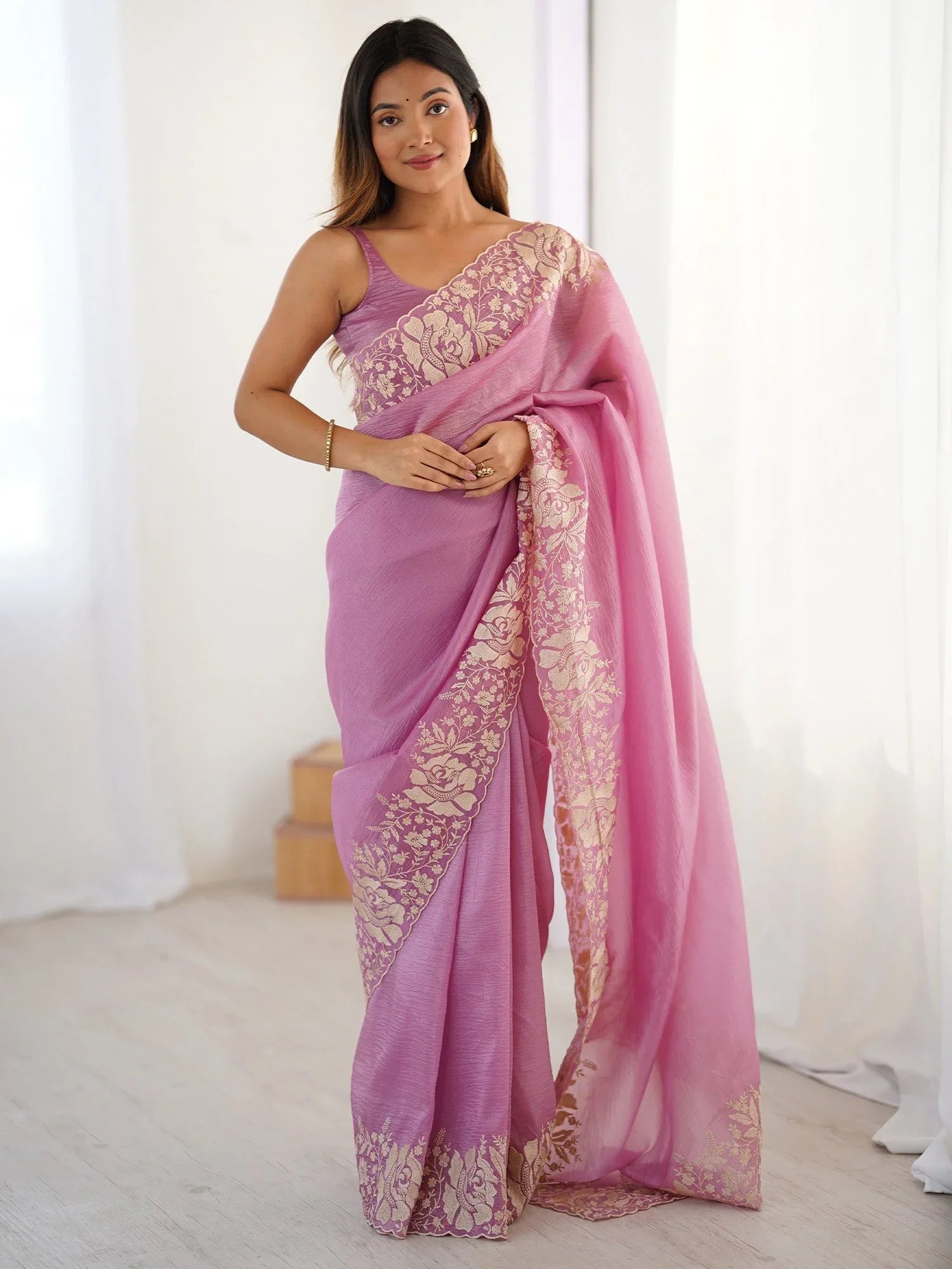 Purple Purple Party Wear Tissue Embroidered Saree
