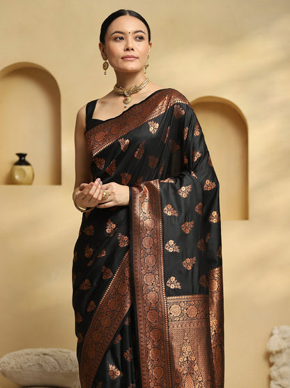Black Banarasi Soft Silk Woven Saree
