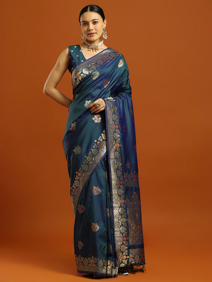 Teal Banarasi Soft Silk Woven Saree