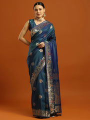 Teal Blue Banarasi Soft Silk Woven Saree
