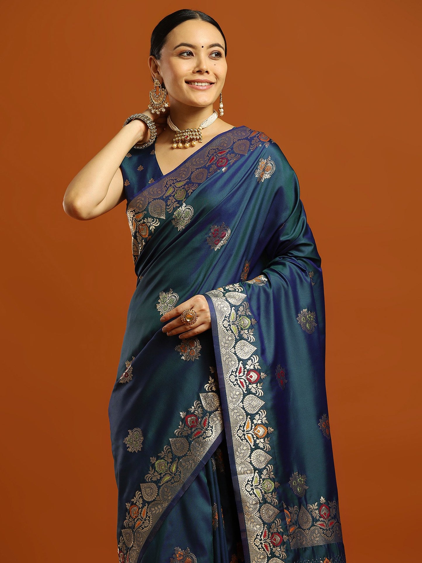Teal Banarasi Soft Silk Woven Saree