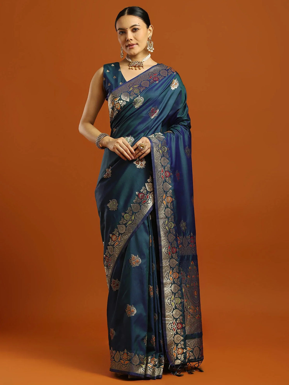 Blue Teal Banarasi Soft Silk Woven Saree