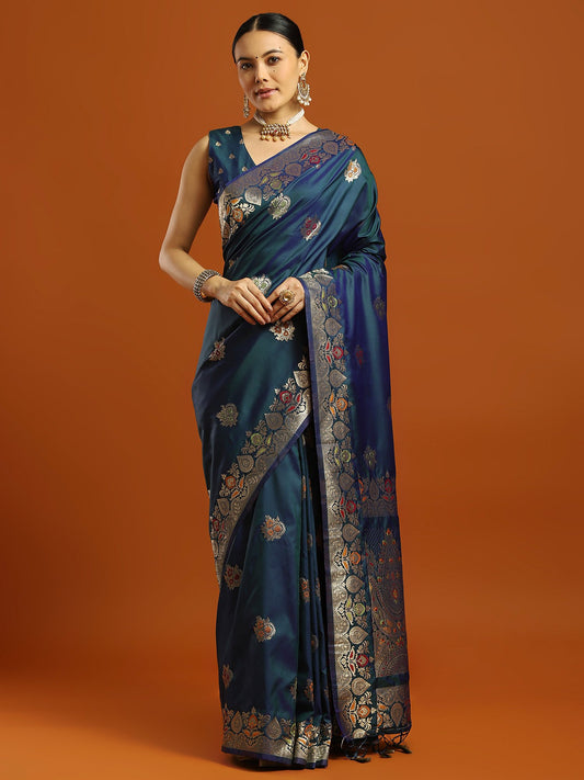 Blue Teal Banarasi Soft Silk Woven Saree