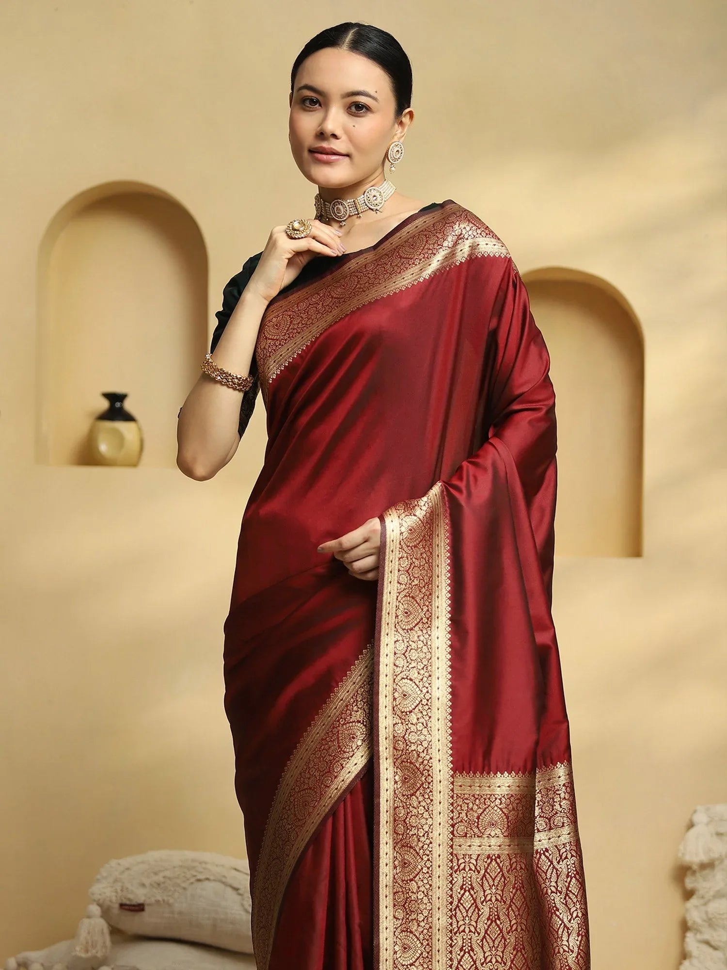 Maroon Banarasi Soft Silk Woven Saree