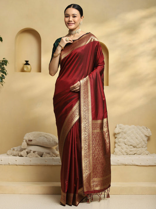 Maroon Maroon Banarasi Soft Silk Woven Saree