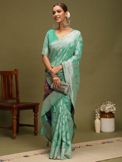 Sea Chanderi Organza Woven Saree