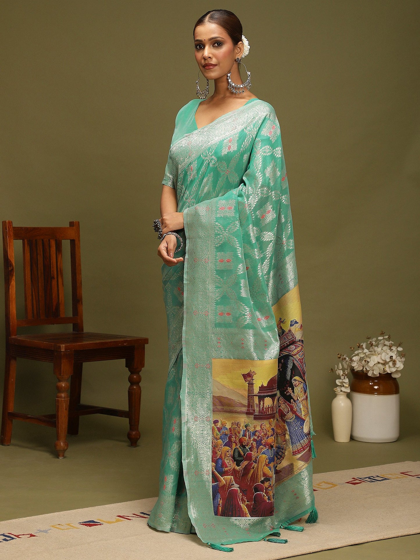 Sea Chanderi Organza Woven Saree